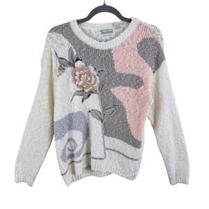 Shenanigans Vintage Floral Applique Beaded Chunky‎ Knit Sweater Size M